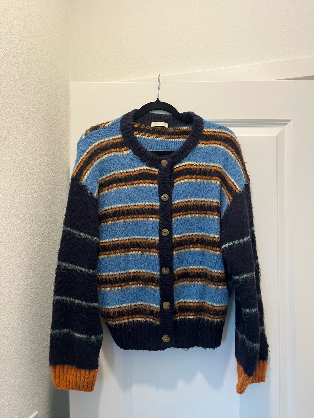 STINE GOYA Blue, Navy & Orange Striped Mohair Blend Cardigan
